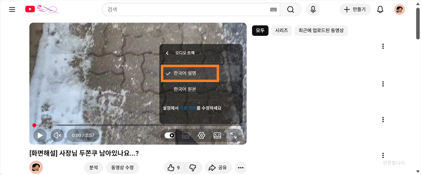 오디오 트랙의 목록 2개 한국어 설명, 한국어 원본 중 한국어 설명에 하이라이트 표시됨.