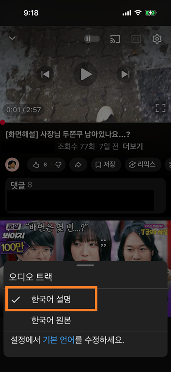 오디오 트랙의 2개 목록, 한국어 설명, 한국어 원본 중 한국어 설명에 하이라이트 표시됨.